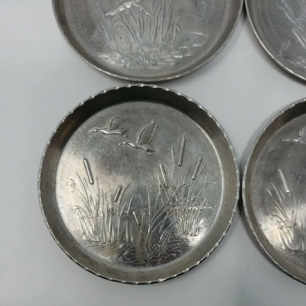 Ducks Geese Coasters Aluminum Vintage MCM 1950's Cattails Collectible